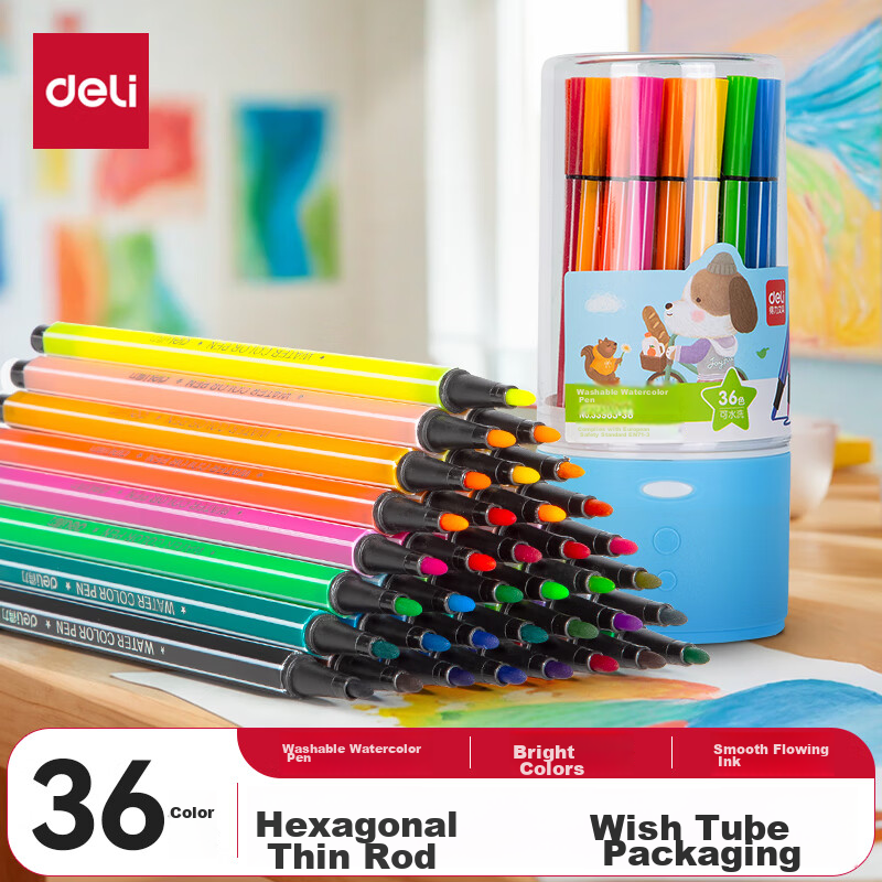 Deli 36-Color Washable Watercolor Markers Hexagonal Barrel Children's Student Drawing Colored Coloring Pens Birthday Wish Tube Watercolor Markers Graduation Gift for Boys And Girls