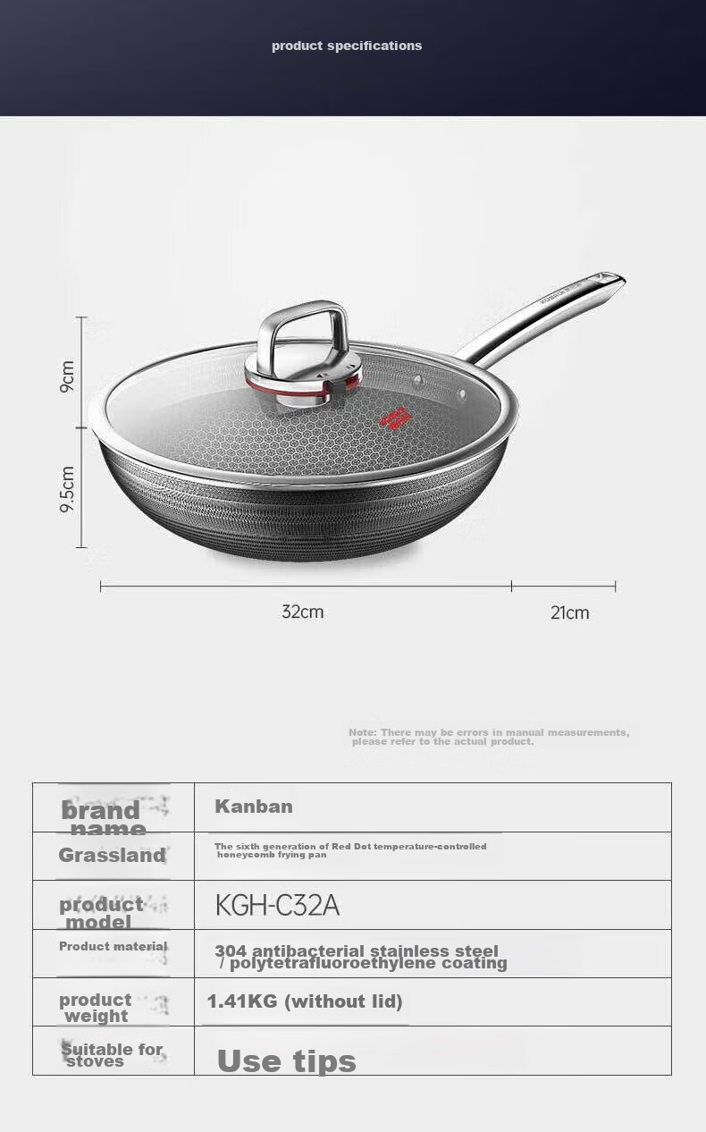 KBH Non-Stick Wok, Antibacterial Stainless Steel Frying Pan, Double Honeycomb Flat Bottom Pan with Red Dot, 32cm, Compatible with Induction Cooker And Gas Stove 19