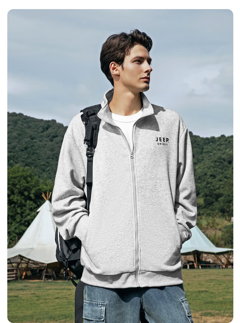 JEEP SPIRIT Men's Zip-Up Hoodie, Autumn Heavyweight New Style Sports Casual Stand-Collar Jacket, Versatile High-End Quality Coat 3