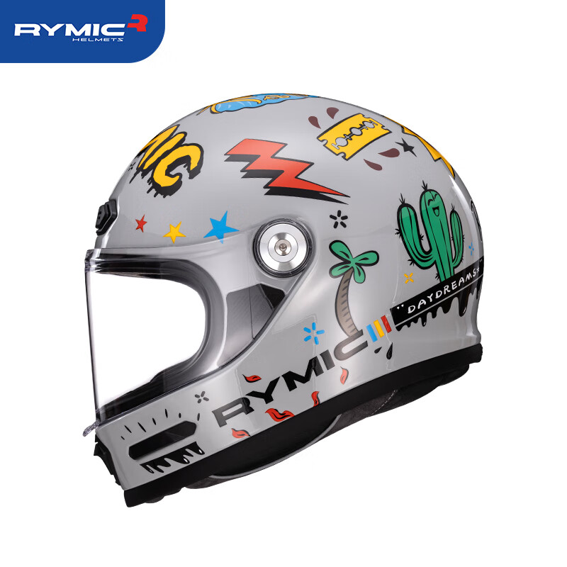 RYMIC Motorcycle Retro Full-Face Helmet, 3C Certified, for Men And Women, Riding Helmet, All Seasons, V80 Flashing Gray And White, Daydream L