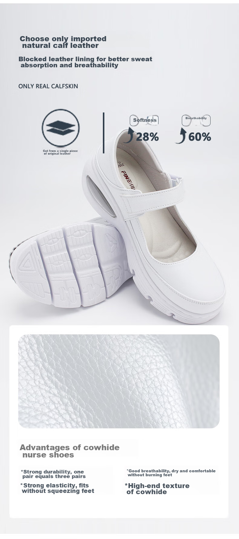 Feiying Air Cushion Nurse Shoes for Women, Spring And Summer Style, Genuine Leather, Glossy Surface, Velcro Medical Work Shoes 2-2013, White, Size 37 4