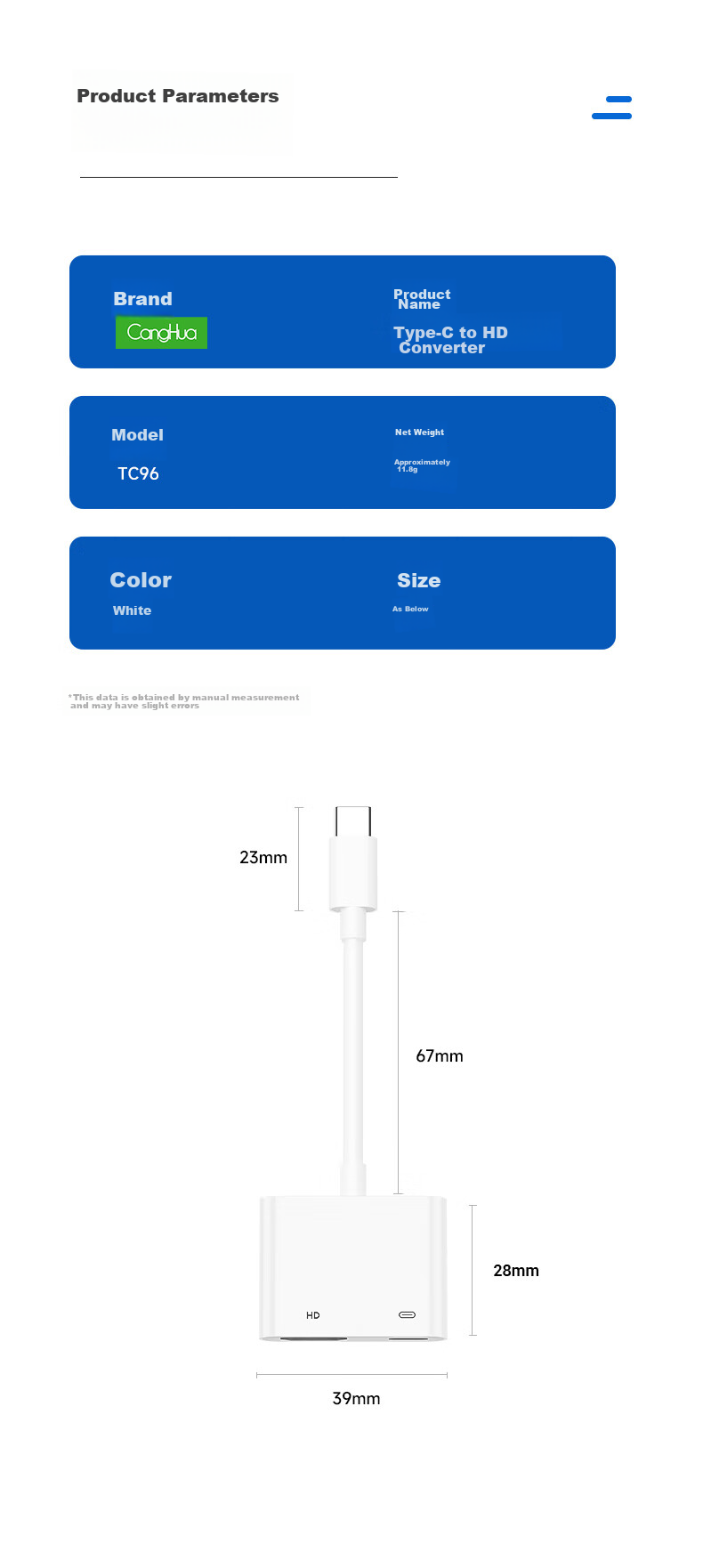 CangHua Type-C to HDMI Converter, Apple 15/16/17/18 Phone Screen Mirroring Adapter Cable, TV Display Projector Digital Audio-Video Adapter for IPhone/iPad 13