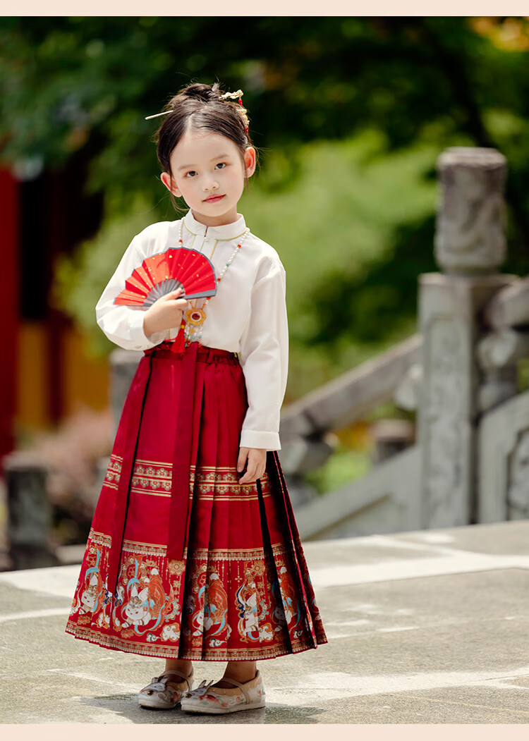 Menghu Nihang Mid-Autumn Festival Hanfu Girls' Spring And Autumn Chinese Style Children's Ming Dynasty Horse-Face Skirt Parent-Child Set, Red Skirt, Size 120 20
