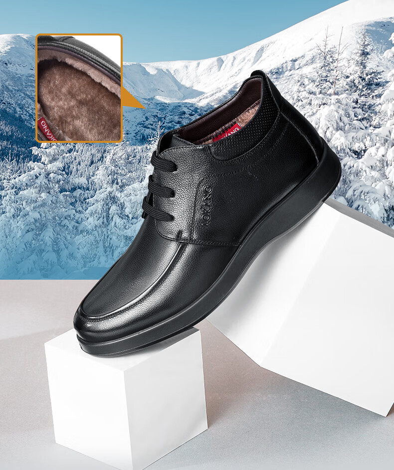 Aokang Casual Business Fleece-Lined Warm Cotton Shoes, Simple And Comfortable Cowhide Shoes for Men, Black, Size 39 2