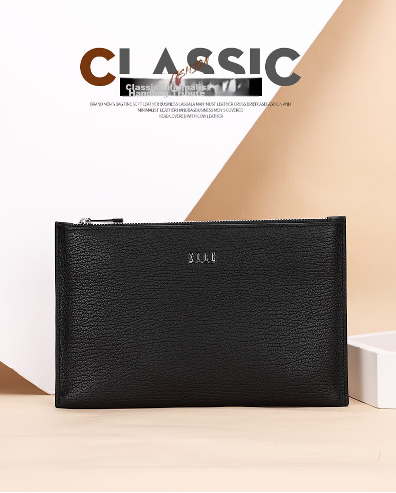 ELLE HOMME Business Clutch Bag, Men's Top-Grain Leather Handbag, Large Capacity Casual Envelope Bag for Men, EB088200701 Black, Birthday Gift for Boyfriend 1