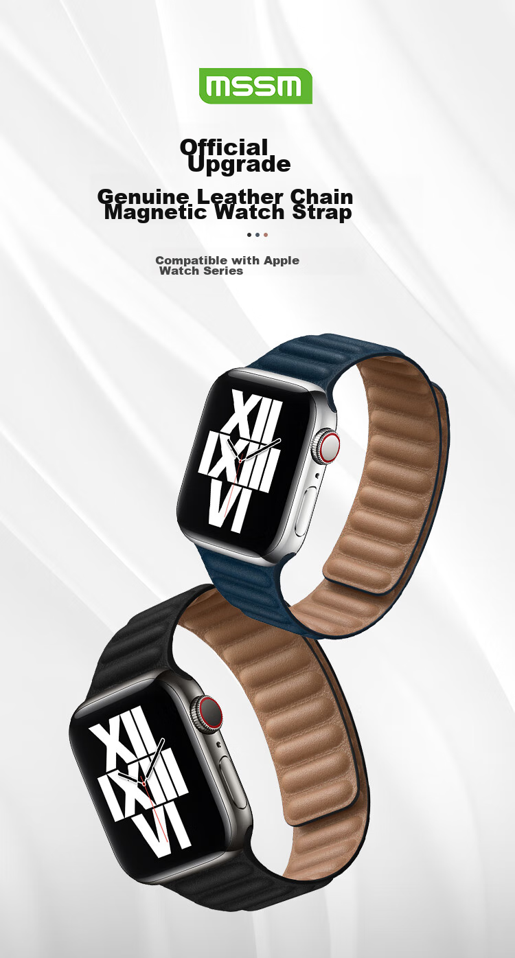 MSSM Leather Strap Compatible with Apple Watch S12/11/ultra4/S10/9/SE3, Magnetic Wristband [Deep Blue] 44-49mm 1