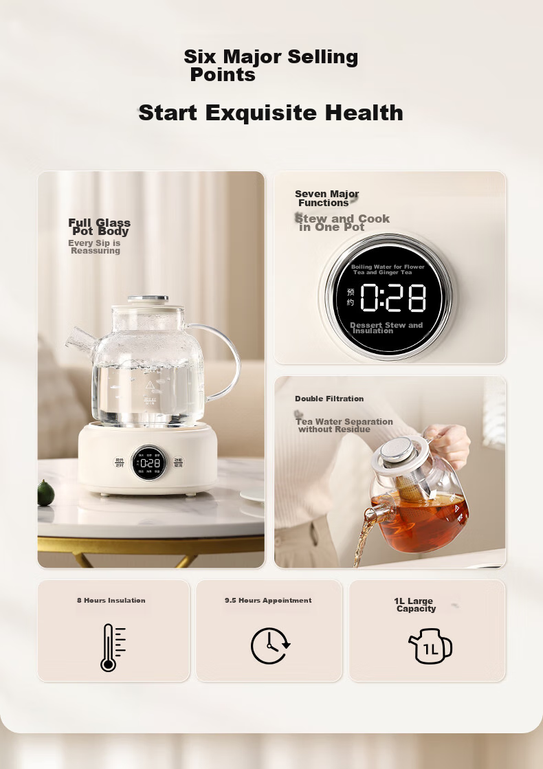 LOTOR Leiduo Health Pot, 1 Liter Full Glass Health Pot, Baby-Grade Material, Mini Kettle, Insulated All-In Automatic Constant Temperature Small Tea Maker 2