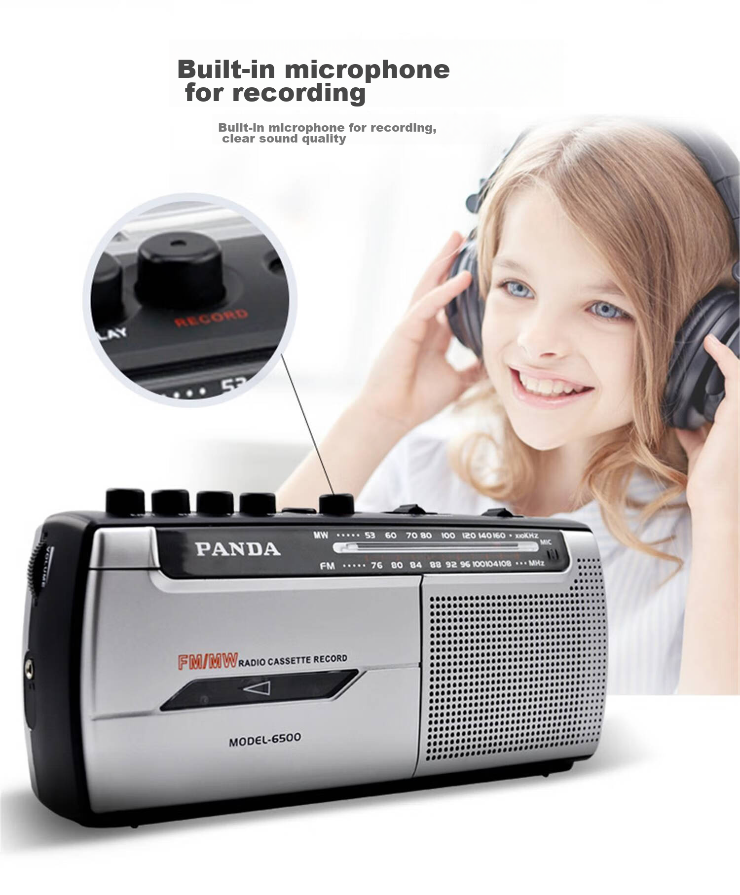 PANDA (PANDA) 6503 Portable Tape Recorder for Elderly with USB and SD Card Slots, Mini Player for Cassette Recording, English Learning for Elderly at Home, White 6