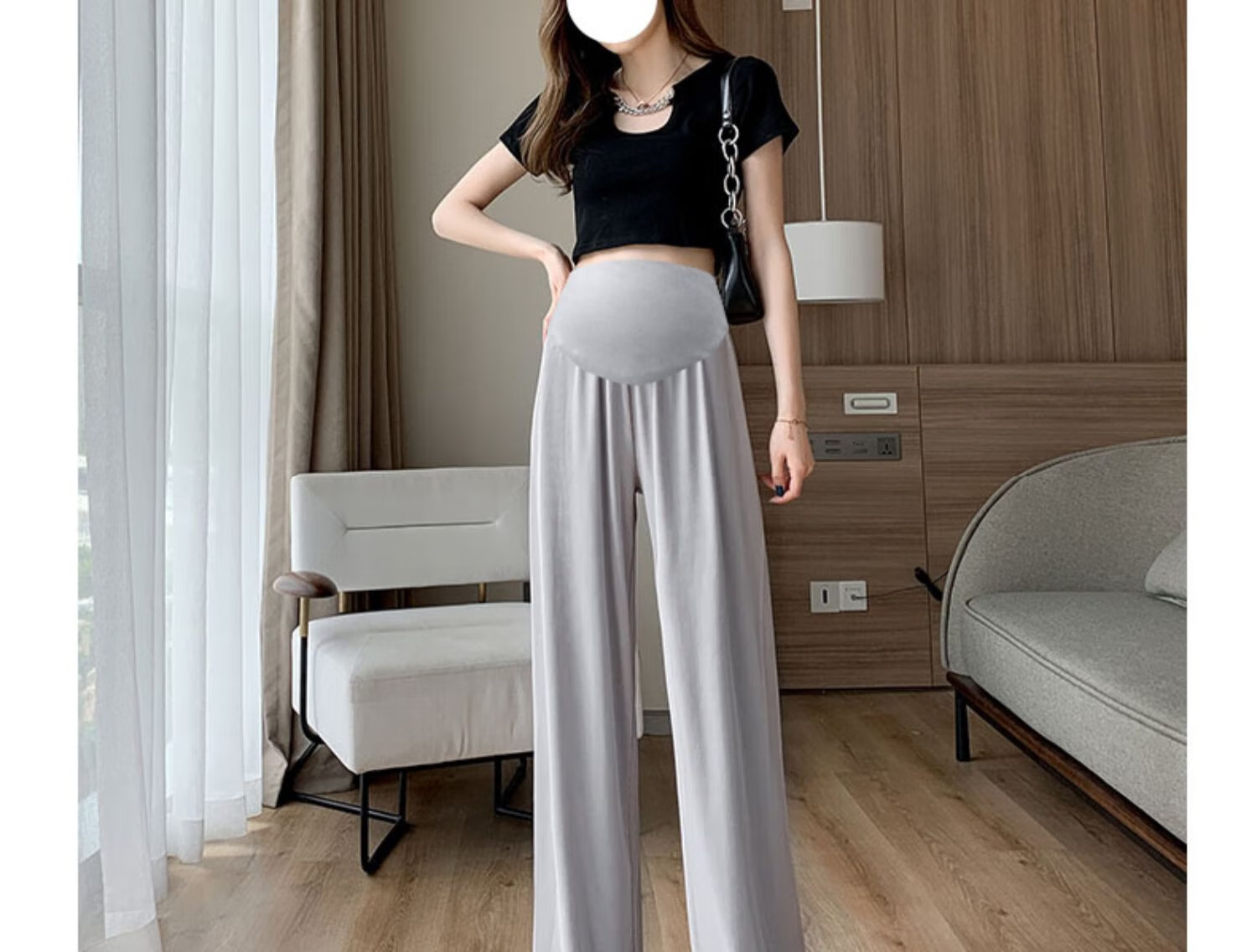 JOYNCLEON Maternity Pants, Summer Wide-Leg Trousers for Women, Petite Size, Outdoor Wear, Draping Ice Silk Casual Pants for Women, Black, L, Jyk176499 38