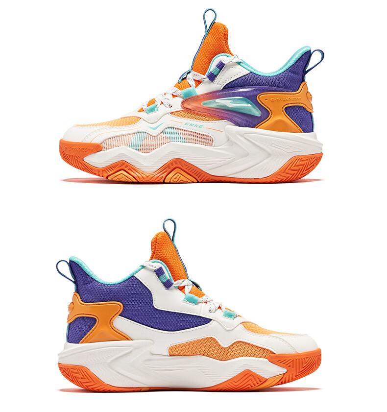 ERKE Children's Basketball Shoes for Spring, Boys' Lace-Up Shock-Absorbing Sneakers, Micro-Crystal White/beeswax Orange, Size 39 44