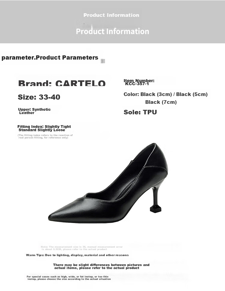 CARTELO Pointed High Heels for Women, Black Commuter Leather Shoes, KCC-357 Black (3cm), Size 38 3