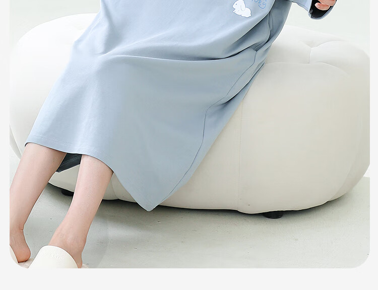 Miiow Women's 100% Cotton Long Sleeve Solid Color Sleepwear with Chest Pad Simple Loose Nightdress Homewear Blue 2XL 17
