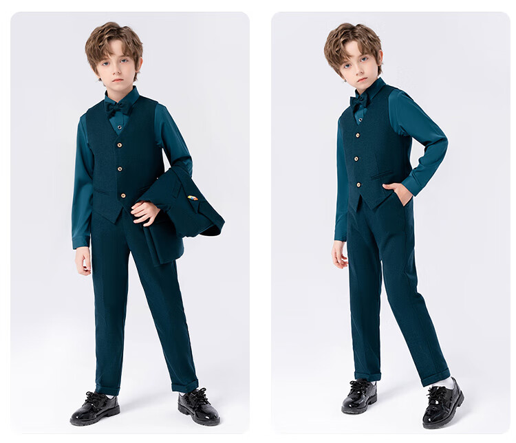 LUOBOBEIBEI Boys' Suit Set Children's Formal Wedding Flower Boy Blazer New Year Performance Outfit Dark Green Five-Piece Set Size 160 7