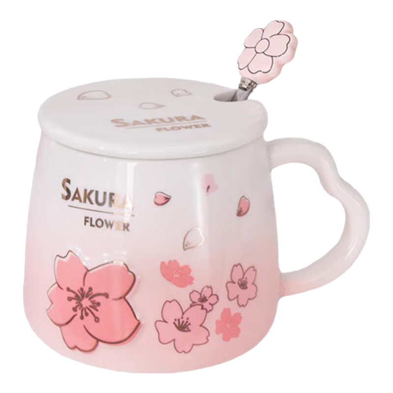 Beisesi Ceramic Mug, Children's Water Cup, Coffee Cup with Cherry Blossom Embossed Design, Lid Included, for Home Use And Children's Drinking