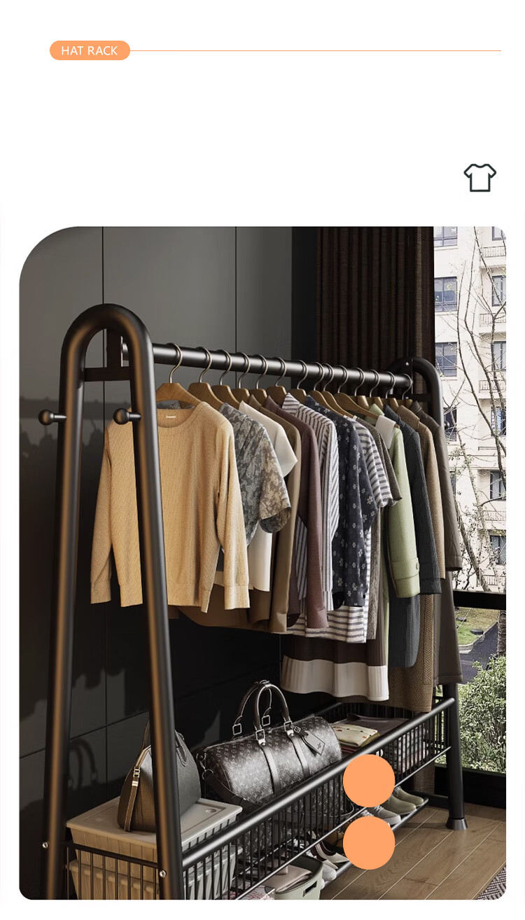 Huakaizhixing Clothes Drying Rack, Floor-Standing Coat Rack, Bedroom Clothes Hanger, Thickened Clothes Rack, YJ102 Double-Layer, Heightened 1.5 Meters, Black 4