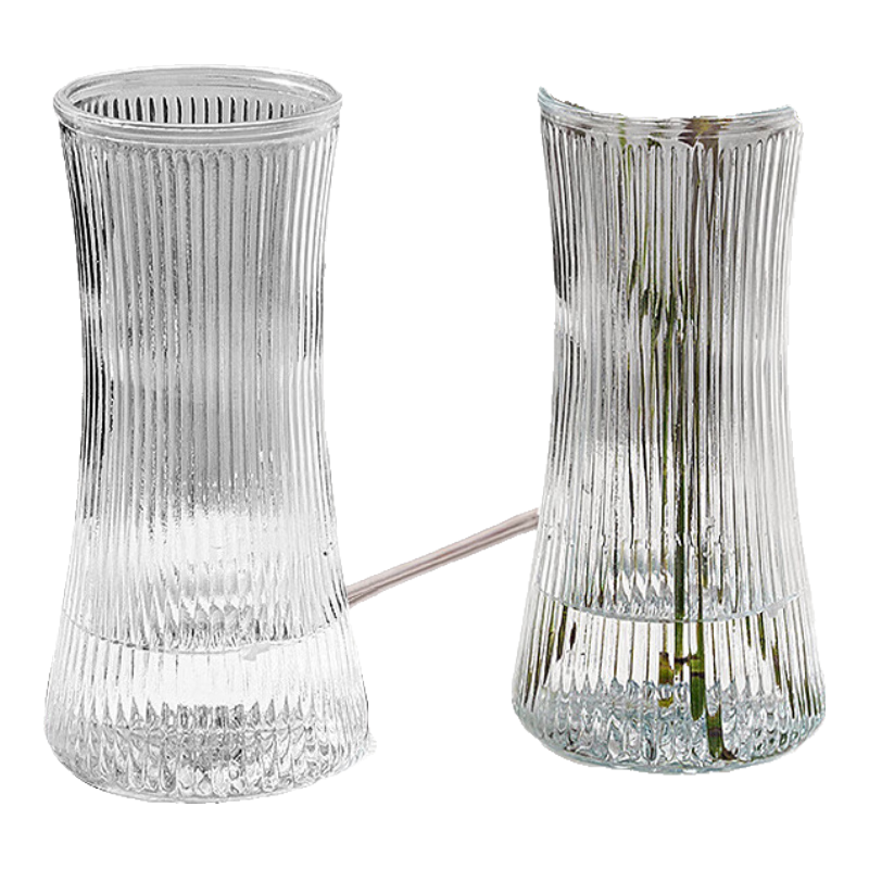 Jidukongjian Glass Vase, Living Room Decoration, Desktop Ornament, Water Cultivation Flower Arrangement, Transparent Glass Vase, Large Size, Waist-Cinching Vertical Striped Patter