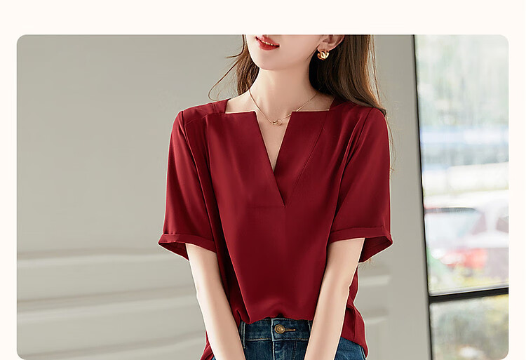 Dme [Work Outfit] Summer New French Elegant V-Neck Shirt, Skin-Friendly Cool Smooth Slimming Blouse, Women's Top 5