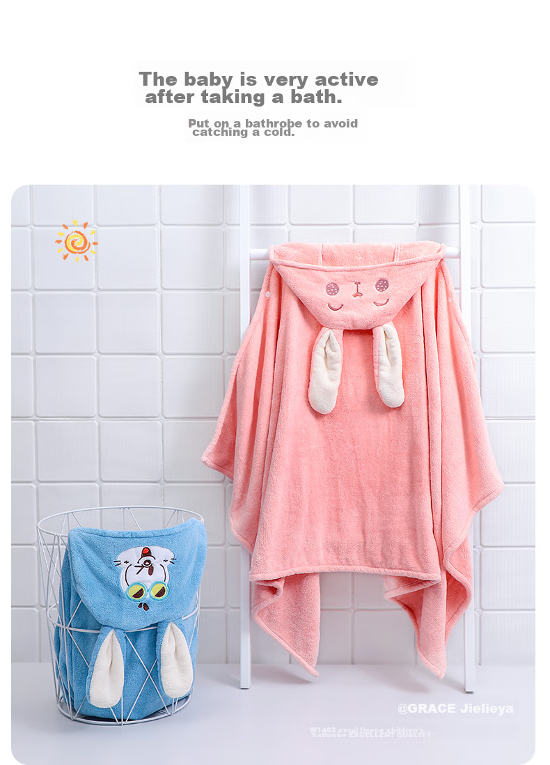 Grace Children's Bath Towel, Soft Coral Fleece, Quick-Drying Baby Bathrobe with Hood, Thickened Long-Eared Rabbit Blue Sports Desig 3