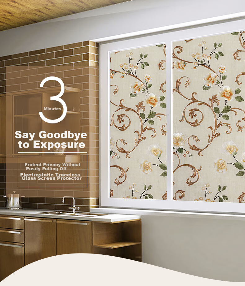 Qinghua Bathroom Privacy Film, Light-Transmitting But Opaque, Window Privacy Sticker, Colorful Peony Pattern, 90*200cm 1