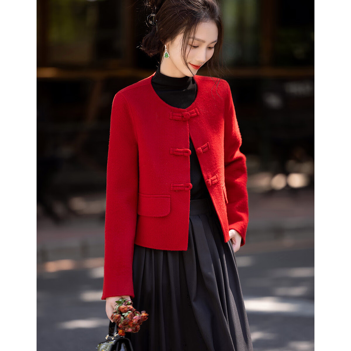 DME Spring New Year Chinese Style New Mid-Length Double-Sided Wool Felt Sheep Wool Frog Button Coat Women Outerwear Dark Red L