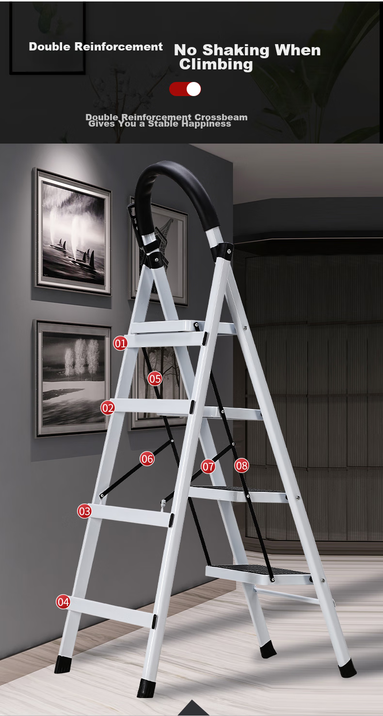 AOZHI Folding Ladder for Home Use, Thickened Steel Tube, Thickened Steps, A-Frame Ladder, Engineering Ladder, White Five-Step Ladder 8