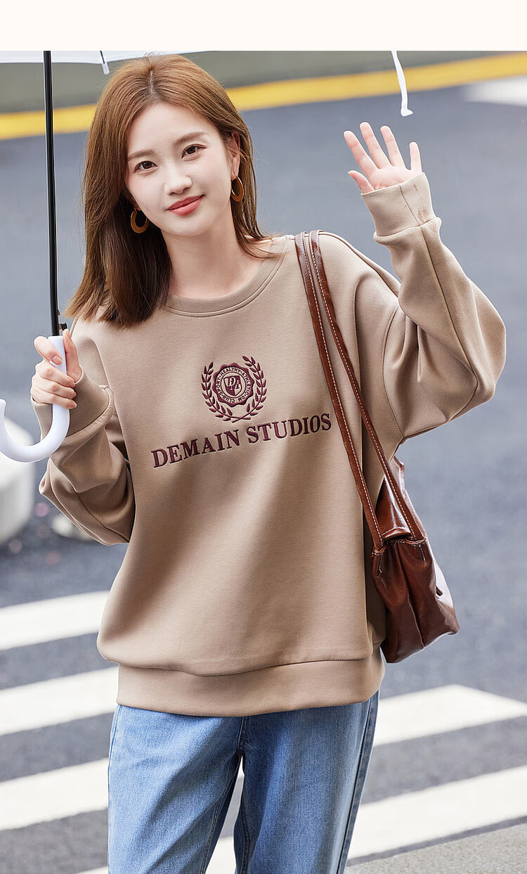 Dme Autumn And Winter New Commuter Round Neck Elastic Textured Letter Air Layer Sweatshirt Women's Top, Gray with Fleece Lining, Size S 16