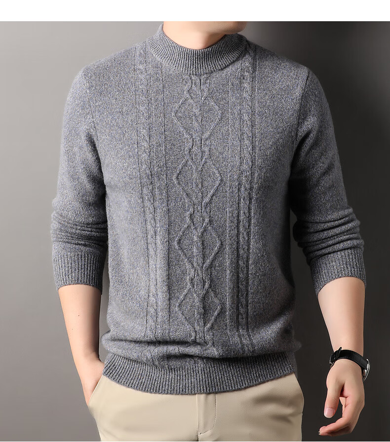 Hengyuanxiang Men's Thickened Wool Sweater Autumn Winter 100% Pure Wool Half Turtleneck Simple Casual Solid Color Knitwear 8