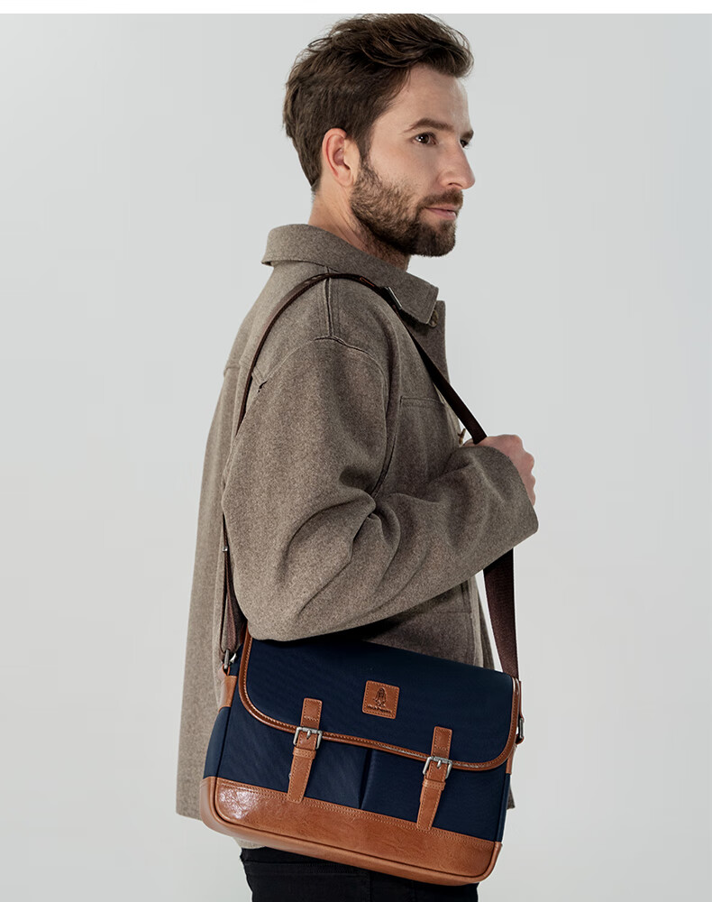 Hush Puppies Luxury Brand Men's Shoulder Bag, Casual Simple Crossbody Bag, Top-Grain Vintage Leather Small Square Bag, Blue 2