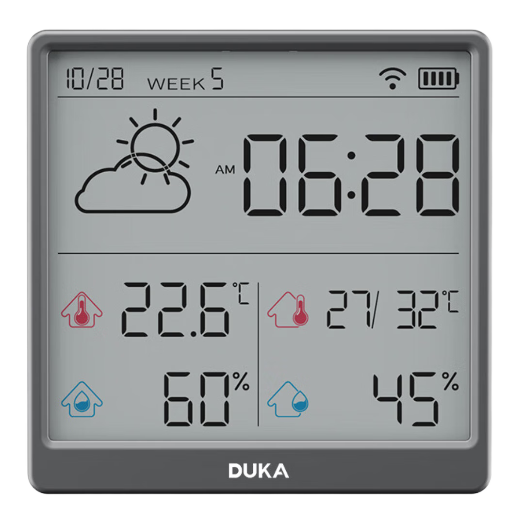 DUKA Indoor Thermometer And Hygrometer with Clock, WiFi Smart Home Digital Display Electronic Clock, Removable And Standable TH3 Deep Space Gray