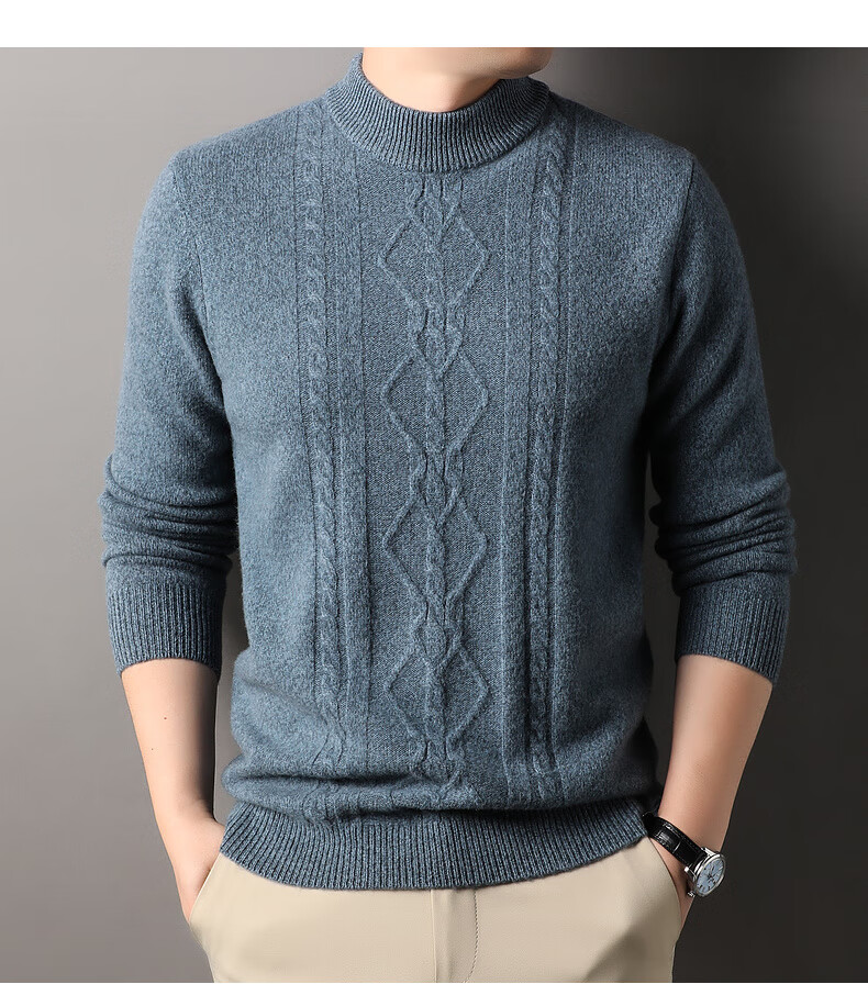 Hengyuanxiang Men's Thickened Wool Sweater Autumn Winter 100% Pure Wool Half Turtleneck Simple Casual Solid Color Knitwear 13