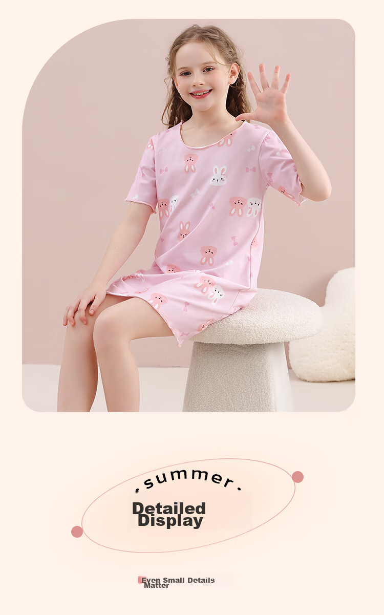 LangSha Children's Pajamas, Girls' Nightgown, Summer Thin Style, Cute Little Rabbit Pajamas, for Older Children's Loungewear Dress, Pink, Size 160 10