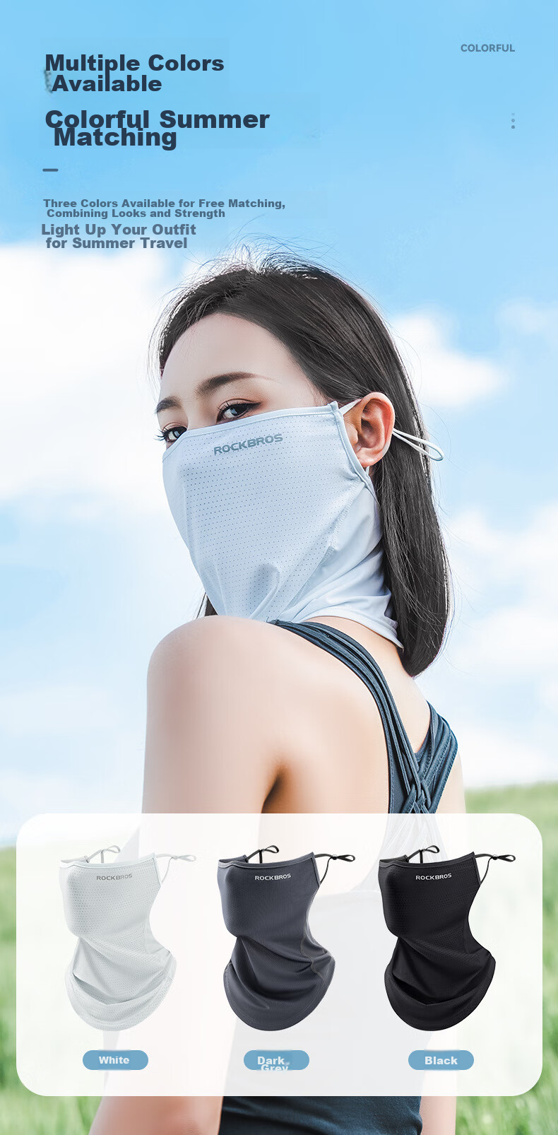 ROCKBROS Full Face Sun Protection Balaclava, Ice Silk Motorcycle Riding Neck Gaiter, Summer Unisex Fishing Face Mask, White 9