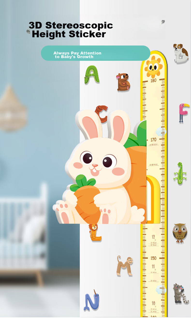 Modouyu Height Chart, 3D Cartoon Rabbit Design, Removable Living Room Baby Height Sticker, Decorative Wall Decal 1