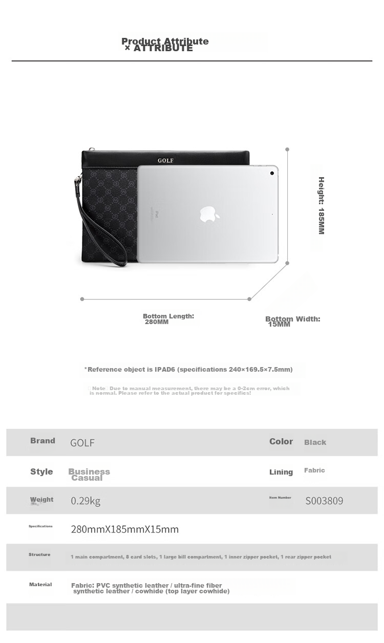 GOLF Men's Clutch Large Capacity Handbag with Multiple Card Slots Envelope Bag Long Wallet Gift for Boyfriend 8