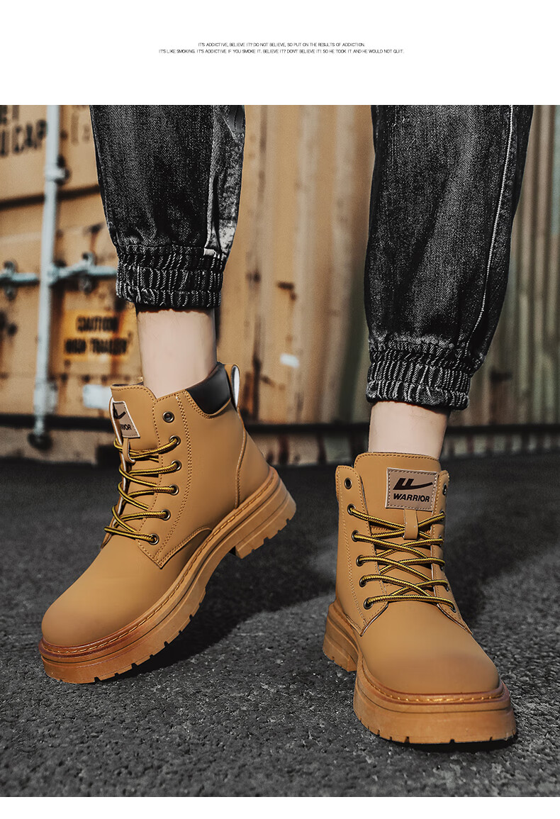 Huili Men's Shoes, 2025 Autumn And Winter New Style Men's Martin Boots, Workwear-Inspired Yellow Boots, High-Top Hiking Shoes, Black, Size 37 8