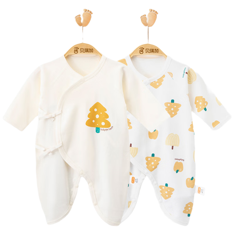 Babyprints Baby Romper 2-Pack Newborn Butterfly Bodysuit Tie-Up Pure Cotton All-Season Long-Sleeve Underwear, Yellow, Size 66