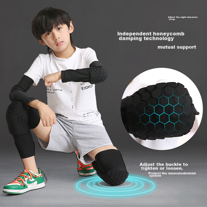 Gingpai Sport Children's Knee And Elbow Pads, Boys' Anti-Fall Set, Cycling, Basketball, Skateboarding, Soccer Sports, Lightweight Summer Version, Black, Size M