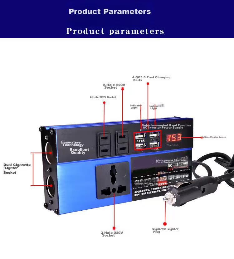 Beiteng Car Power Inverter Converter, Blue High-Power, Converts to 220V, Includes 4 USB Ports, 3 Socket Outlets, And 2 Cigarette Lighters 13