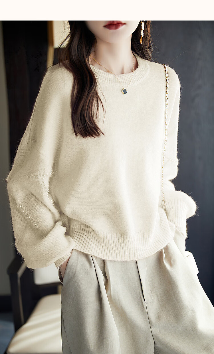 Dme Elegant Winter Round Neck Long Sleeve Sweater for Women with Beaded Jacquard Design, Fashionable Knit Top, Light Pink, Size S 11