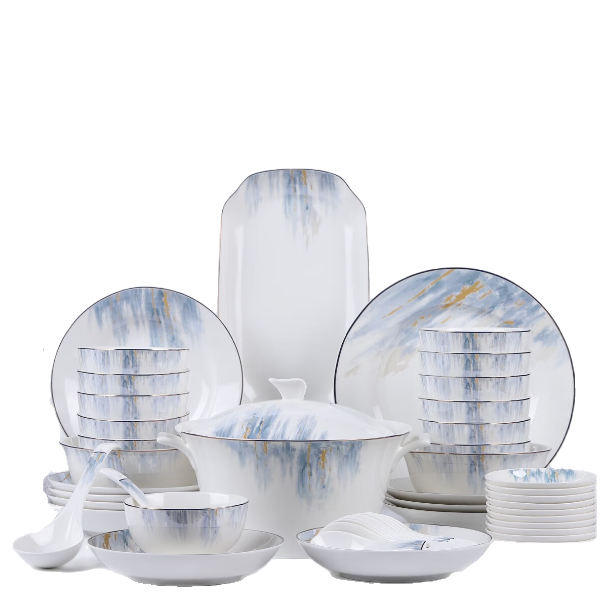 JD Original Bowl And Plate Tableware Set, Ceramic Housewarming Gift Box Set, Qingmeng Xinghe 62-Piece Set