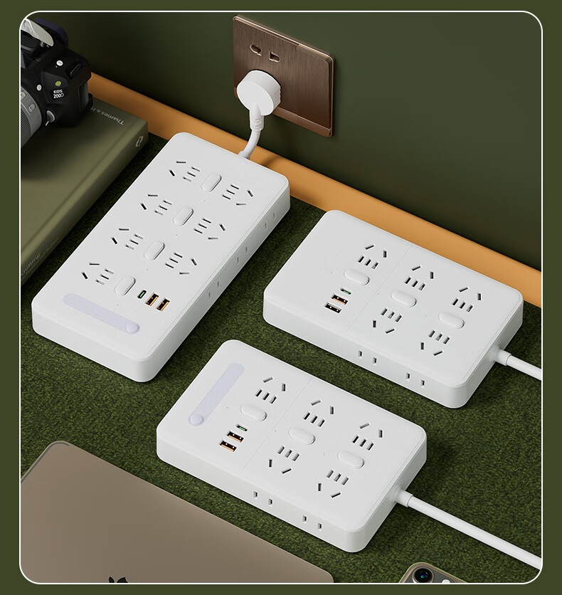 Sushiermo [Night Light + 10-Port Independent Control] Power Strip with 2 USB + Type-C - 4.8m Extra Long Extension, Multi-Device Independent Switches, Night Light and Charging Dual Function 1