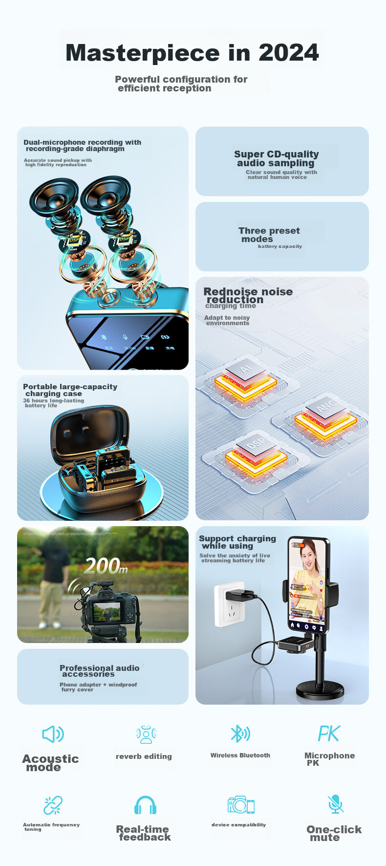 Haomuren Wireless Lavalier Microphone Live Streaming Receiver, Mobile Phone-Specific Recording Device, Sound Card Noise Reduction, Douyin Host Karaoke Video Recording, Small Bee Computer Camera Microphone, One-To 2