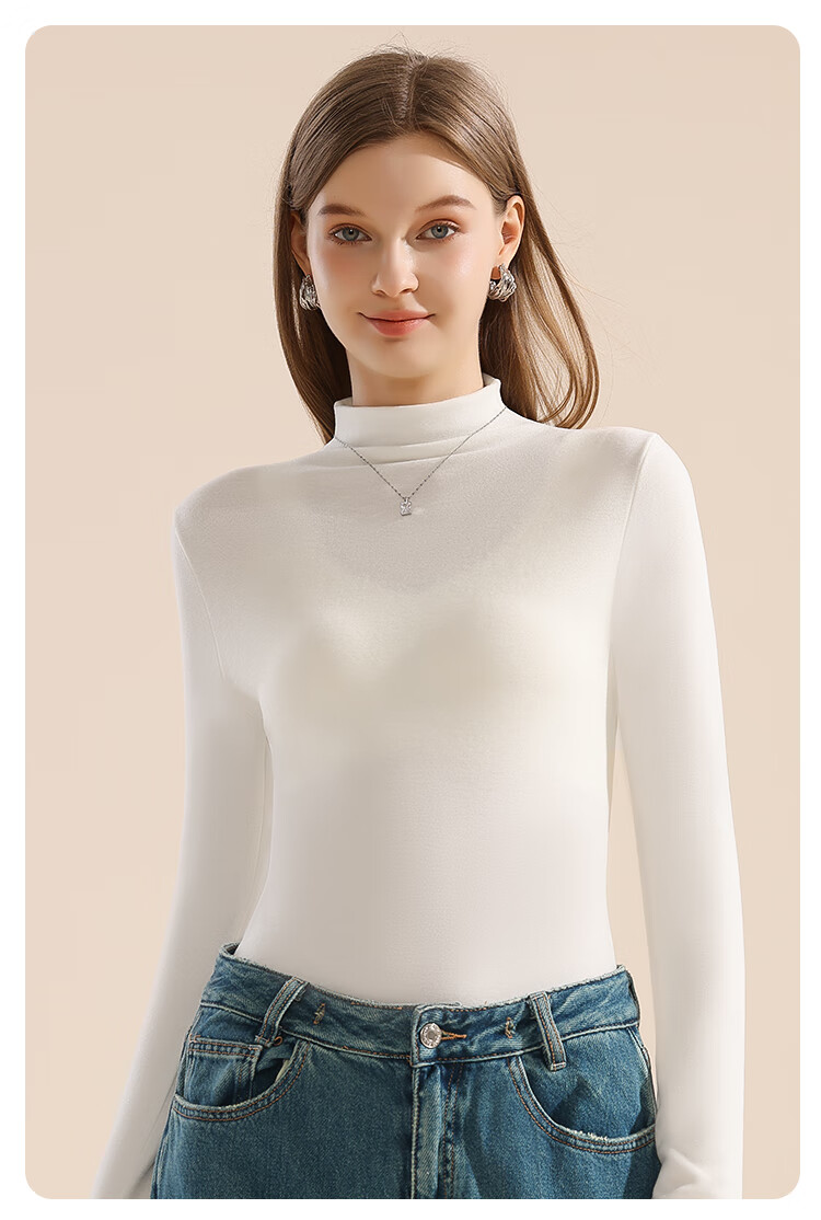 MiiOW New Thermal Velvet Women's Base Layer Long Sleeve Turtleneck Ribbed Stretch Slim Fit Top White M 16