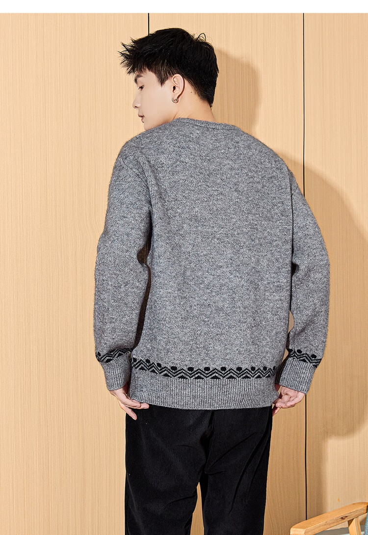 TonLion 2024 Men's Crew Neck Colorblock Pattern Knit Sweater Graphite Gray XL 8