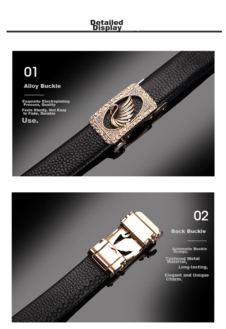 CROCODILE Swan Crystal Diamond Fashion Women's Belt, Top-Grain Leather Waistband, Women's Trouser Belt, Birthday Gift, 2666 Black 14