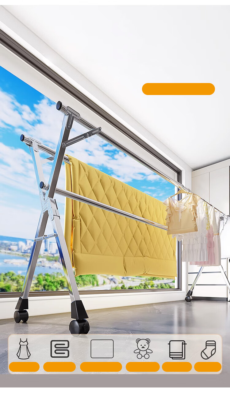 Huakaizhixing Folding Clothes Drying Rack, Floor-Standing Stainless Steel Clothes And Quilt Drying Stand, YJ67 Three-Rod + Wheels, Heightened, 2 Meters 6