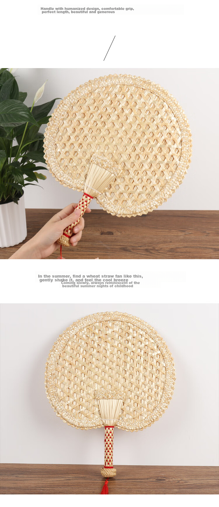 TaTanice Handmade Round Straw Fan Embroidered Handheld Lightweight Small Straw Fan Sunflower Green 5