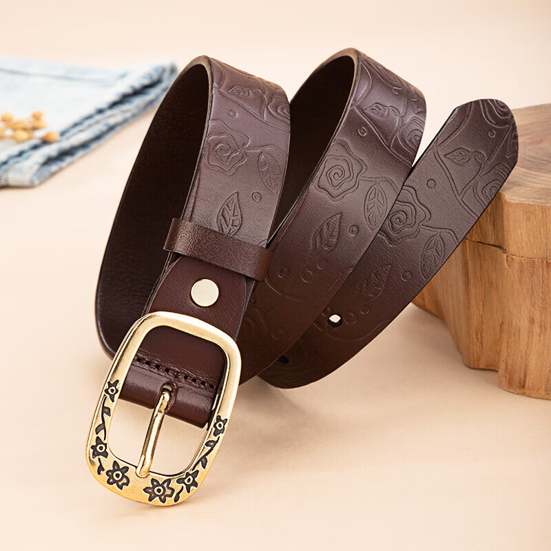 Cattlesboss Women's Leather Belt with Vintage Carved Buckle, Versatile Waistband for Pants 5333 Dark Brown 100cm