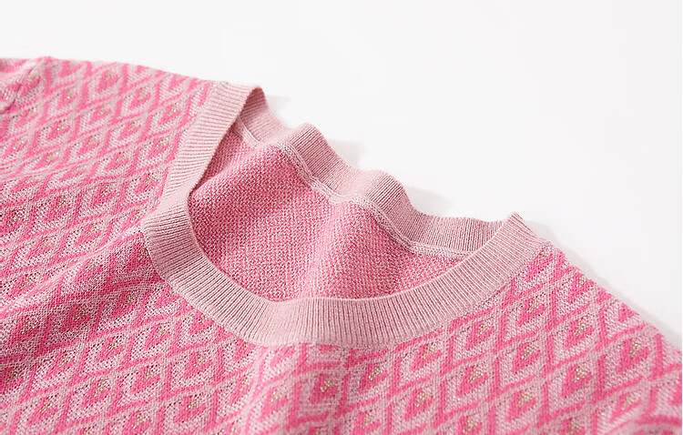 Dme [Dopamine Outfit] Summer New Girly Round Neck Diamond Pattern Knit Sweater, Golden Thread Jacquard Knitted Top for Wome 7