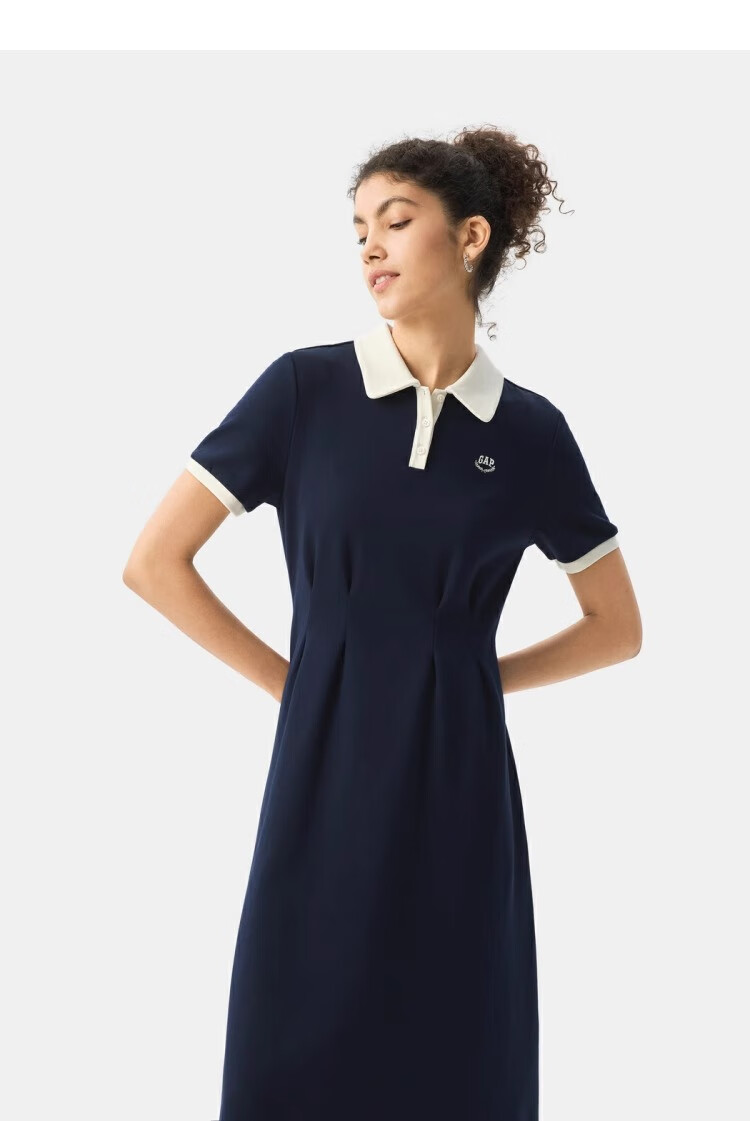 GAP Women's Classic Embroidered Logo Waist-Drawstring Color-Block Collar Short Sleeve Dress 765627 20